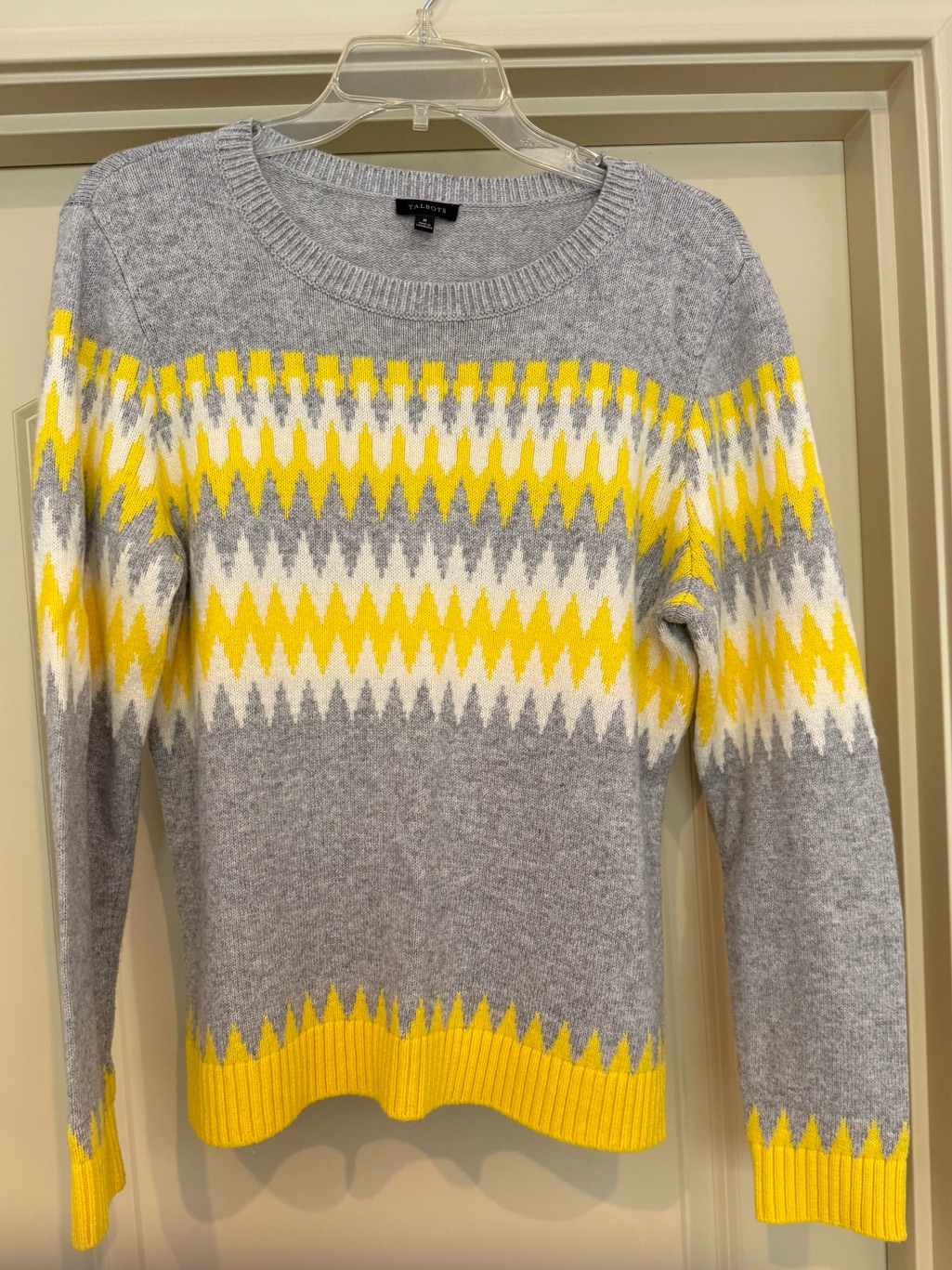 Talbots Gray, Yellow & White Zigzag Crewneck Sweater